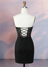 Despina | Dazzle in Black: Lace Short Strapless Homecoming Dress with Sparkling Details - Black - PromDressClub